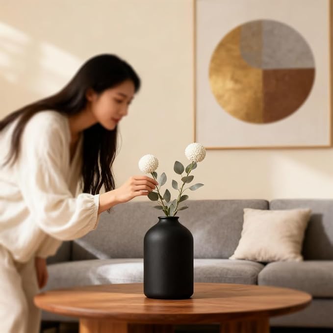 Large Black Ceramic Vase – Modern Matte Flower Vase for Table, Shelf, Mantel, Bathroom, Coffee Table, Centerpieces – Wabi Sabi Home Decor, Minimalist Decorative Accent for Living Room, Office, Dining