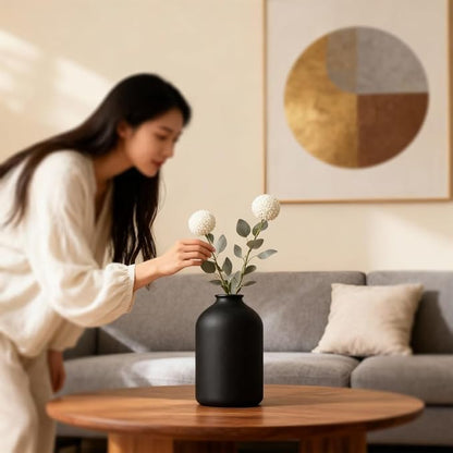 Large Black Ceramic Vase – Modern Matte Flower Vase for Table, Shelf, Mantel, Bathroom, Coffee Table, Centerpieces – Wabi Sabi Home Decor, Minimalist Decorative Accent for Living Room, Office, Dining