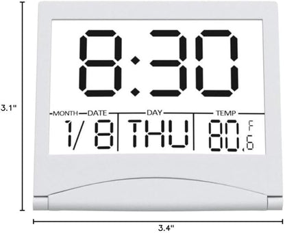 Small Digital Travel Alarm Clock Battery Operated, Portable LCD Large Display Alarm Clock with Backlight, Temperature Desk Clock -Silver(Green Light)