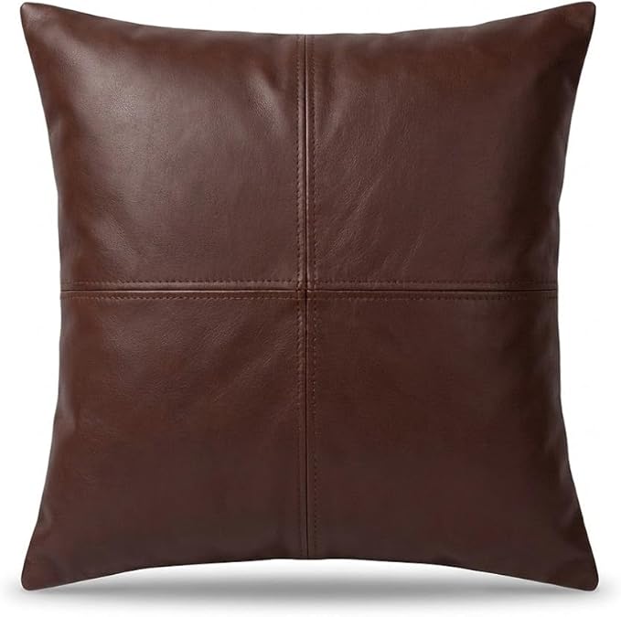 Genuine Lamb Leather Cushion Pillow Cover - Luxury Leather Pillow Case - Modern, Boho, Farmhouse Home Decor - Bedroom Couch, Living Room, Sofa Bed (Brown, 18" x 18")