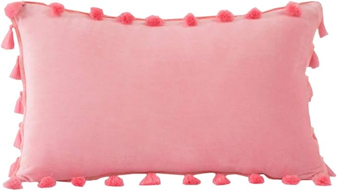 vctops Velvet Soft Solid Decorative Throw Pillow Cover with Tassels Boho Accent Cushion Case for Couch Bedroom Car Baby Pink 12''x20''
