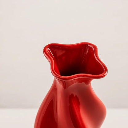 Christmas Red Ceramic Vase for Modern Home Decor - Unique Wavy Shape Decorative Vase for Living Room, Bedroom - Ideal Gift for Women, Valentine's Day, Housewarming (ChifonCyan 7.87 Inches)