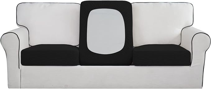Easy-Going Stretch Individual Chair Couch Cushion Cover Sofa Cushion Furniture Protector Sofa slipcover Soft Flexibility with Elastic Bottom (3-Piece Sofa Cushion Cover, Black)