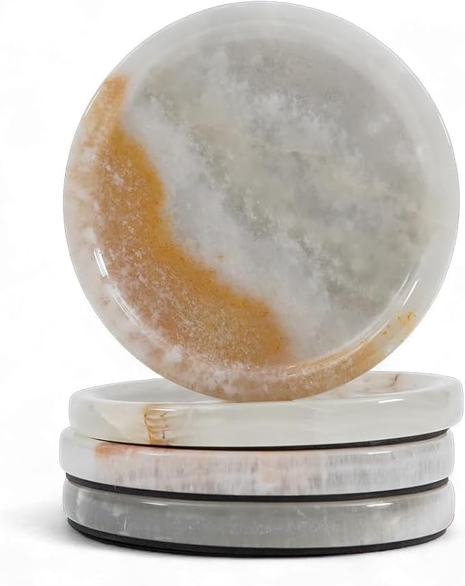Marble Coasters Set of 4 Drink Coaster 4 Inches White Onyx Round Stone Coaster for Drinks, Mug, Glass, Ideal for Coffee Table Decor