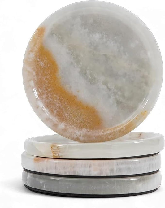 Marble Coasters Set of 4 Drink Coaster 4 Inches White Onyx Round Stone Coaster for Drinks, Mug, Glass, Ideal for Coffee Table Decor