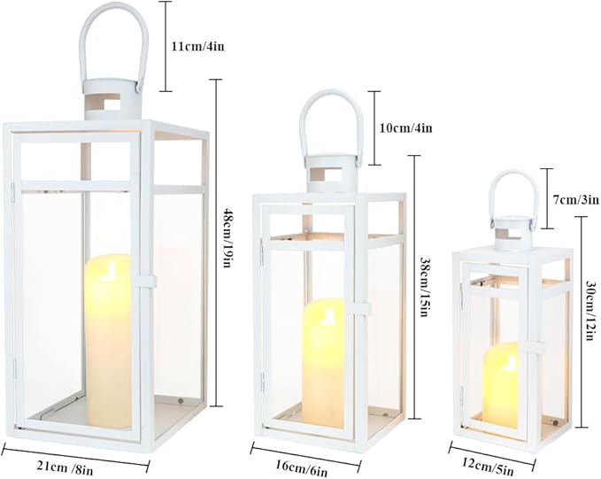 TRIROCKS Metal Candle Lantern Set of 3 - Assorted Sizes (12/15/19 Inch) - Tall Metal Hanging Lanterns with Tempered Panels Indoor & Outdoor Home Decor for Christmas Parties & Events - White Finish