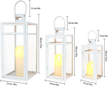 TRIROCKS Metal Candle Lantern Set of 3 - Assorted Sizes (12/15/19 Inch) - Tall Metal Hanging Lanterns with Tempered Panels Indoor & Outdoor Home Decor for Christmas Parties & Events - White Finish