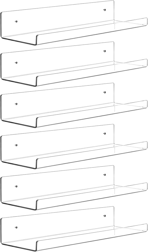Dezzer 6 Pack Acrylic Shelves for Wall, 15" Clear Acrylic Floating Shelves for Bathroom Bedroom, Invisible Bookshelf Wall Ledge Storage Shelf Books Perfume Toys Action Figure Display Shelves