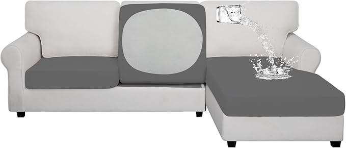 Easy-Going 100% Waterproof 3 Pieces Couch Cushion Covers for Sectional Sofa Left/Right L Shape Chaise Lounge Sofa Seat slipcover Anti-Slip Sofa Cover (2 Seater + 1 Chaise, Gray