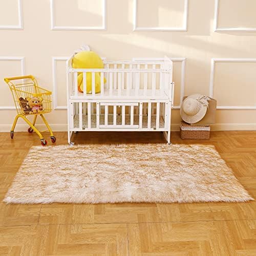 Fluffy Faux Fur Rug White Yellow Sheepskin Area Rug,4x6 Ft Ultra Soft Shaggy Plush Rug for Bedroom Bedside Living Room Nursery Kids Room