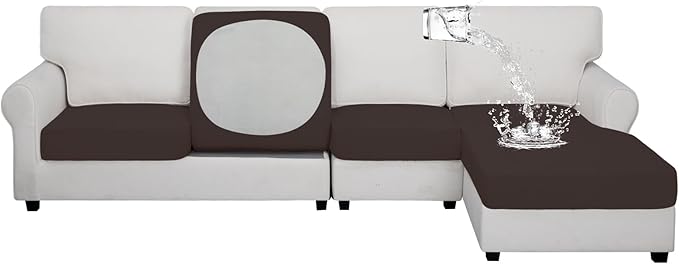 Easy-Going 100% Waterproof 4 Pieces Couch Cushion Covers for Sectional Sofa Left/Right L Shape Chaise Lounge Sofa Seat slipcover Anti-Slip Sofa Cover (3 Seater + 1 Chaise, Chocolate