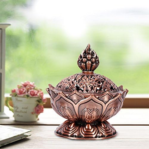 Lotus Incense Holder Lotus Flower Shaped 9 Holes Mini Vintage Incense Cover for Stick and Cone Incense ((Red Bronze))