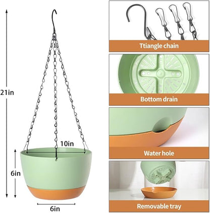 Lookat 2 Pack Plastic Hanging Planters 10 Inch Hanging Pots with Drainage Hole for Indoor Outdoor Plants, Round Hanging Basket with Removable Tray for Home Garden Porch Balcony Patio Decor