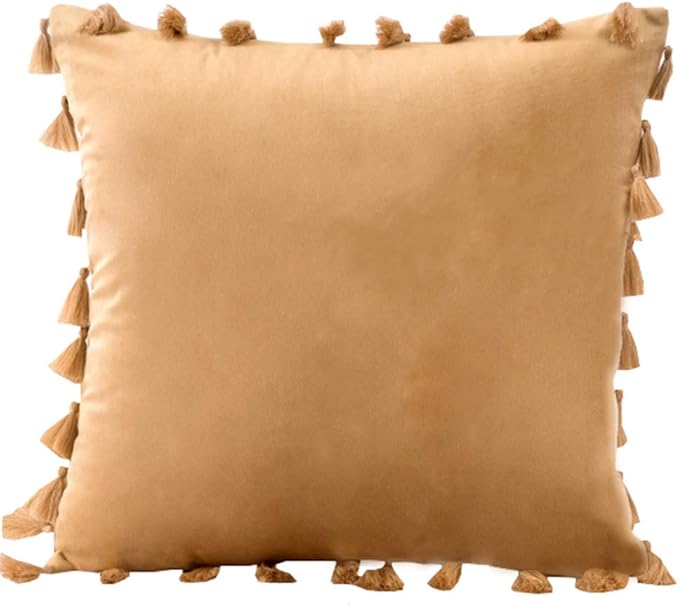 vctops Velvet Soft Solid Decorative Throw Pillow Cover with Tassels Boho Accent Cushion Case for Couch Bedroom Car Khaki 18''x18''