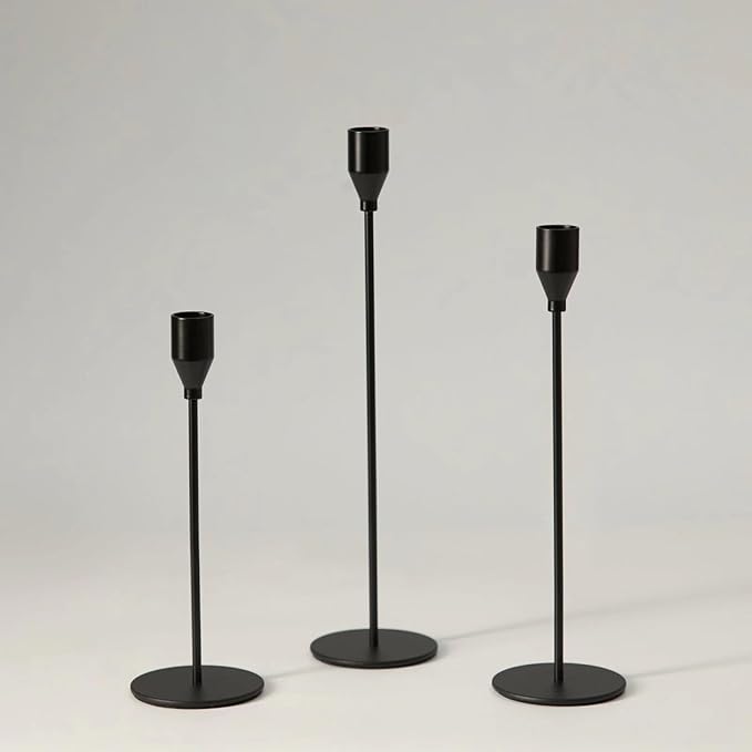 Solid Iron Taper Candle Holders Set of 3 - Modern Matte Black Candlesticks (9/11/13 Inch), Weighted & Rust-Proof Metal Candle Stand for Fireplace Table Centerpiece