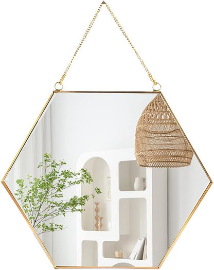 LONGWIN Hanging Wall Hexagon Mirror Decor Gold Geometric Mirror with Chain for Bathroom Bedroom Living Room 9.4"x 8.2"