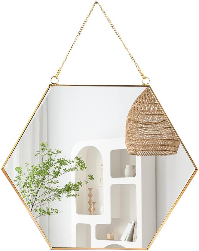LONGWIN Hanging Wall Hexagon Mirror Decor Gold Geometric Mirror with Chain for Bathroom Bedroom Living Room 15.7"x 13.6"