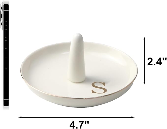Ceramic Initials Jewelry Tray Ring Dish With Personalized S-Monogrammed Engagement Wedding Gifts, for Birthday Mother's Day for Women, Ceramic White 4.7" x2.4"