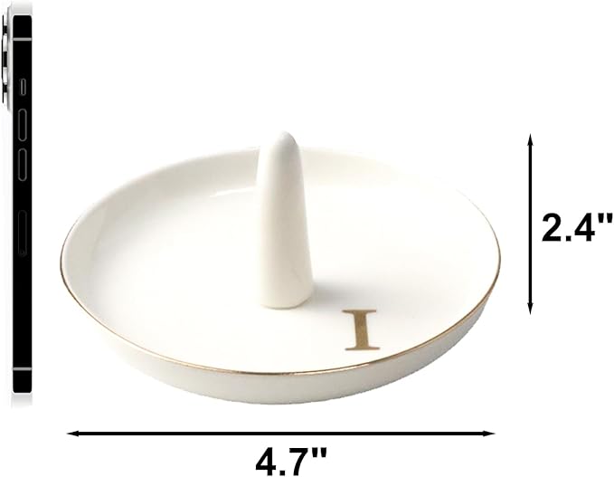 Ceramic Initials Jewelry Tray Ring Dish With Personalized I-Monogrammed Engagement Wedding Gifts, for Birthday Mother's Day for Women, Ceramic White 4.7" x2.4"
