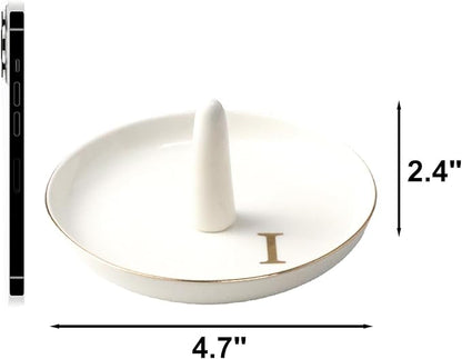Ceramic Initials Jewelry Tray Ring Dish With Personalized I-Monogrammed Engagement Wedding Gifts, for Birthday Mother's Day for Women, Ceramic White 4.7" x2.4"