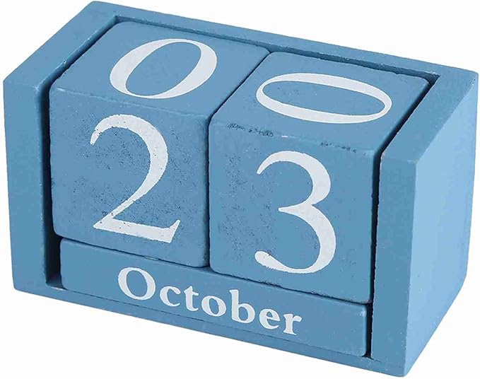 Perpetual Wooden Block Calendar, Desktop Vintage Style Mini Month Date Time Display, Home Office Decoration with 2pcs Dices, Blue, Black Wood with 12 Month Blocks (Blue)