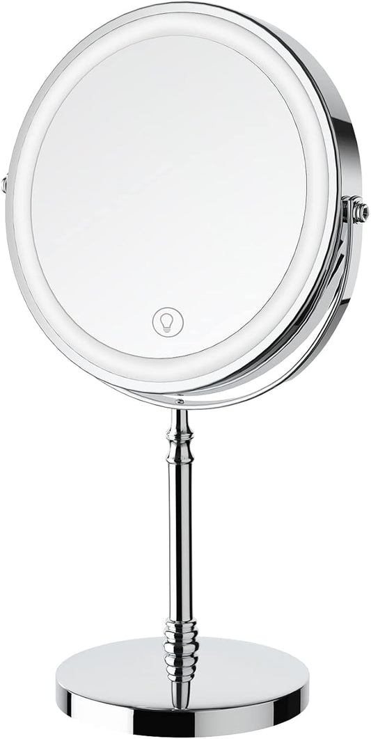 Lighted Makeup Mirror, 3000 mAh Rechargeable Double Sided Magnifying Vanity Mirror with 3 Colors, 1x/10x, 360° Rotation , Brightness Adjustable Magnification Cosmetic Light up Mirror, Women Gift