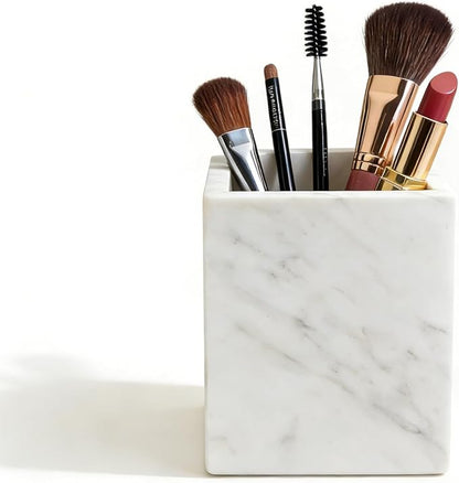 Marble Pen Holder, White Stone, Rectangular Desktop Organizer for Office Study (white)