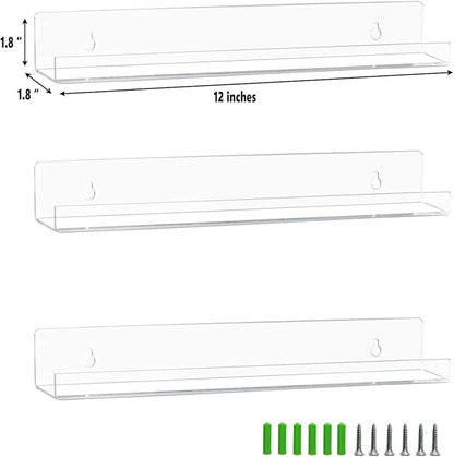 3 Pack Vinyl Record Wall Mount Holder-12 Inch Clear Acrylic Shelf for Vinyl Record Display - Floating Book Shelves for Kids Room