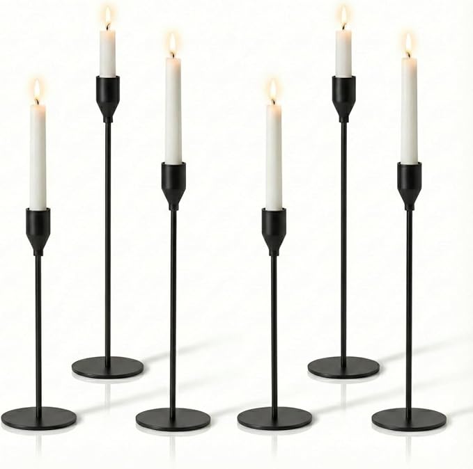 Solid Iron Taper Candle Holders Set of 6 - Modern Matte Black Candlesticks (9/11/13 Inch), Weighted & Rust-Proof Metal Candle Stand for Fireplace Table Centerpiece