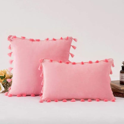 vctops Velvet Soft Solid Decorative Throw Pillow Cover with Tassels Boho Accent Cushion Case for Couch Bedroom Car Baby Pink 20''x20''