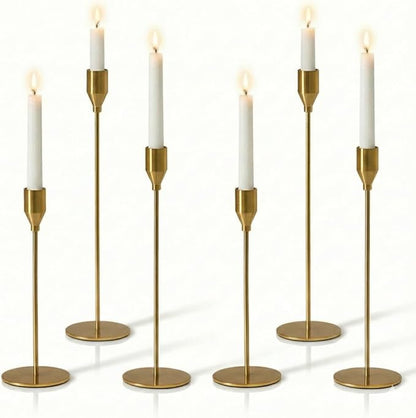 Solid Taper Candle Holders Set of 6, Vintage Brass Long Skinny Candlestick (Heights: 9/11/13 Inch), Heavy Iron Anti-Slip Base for Fireplace Mantle Table Centerpiece Wedding Decor