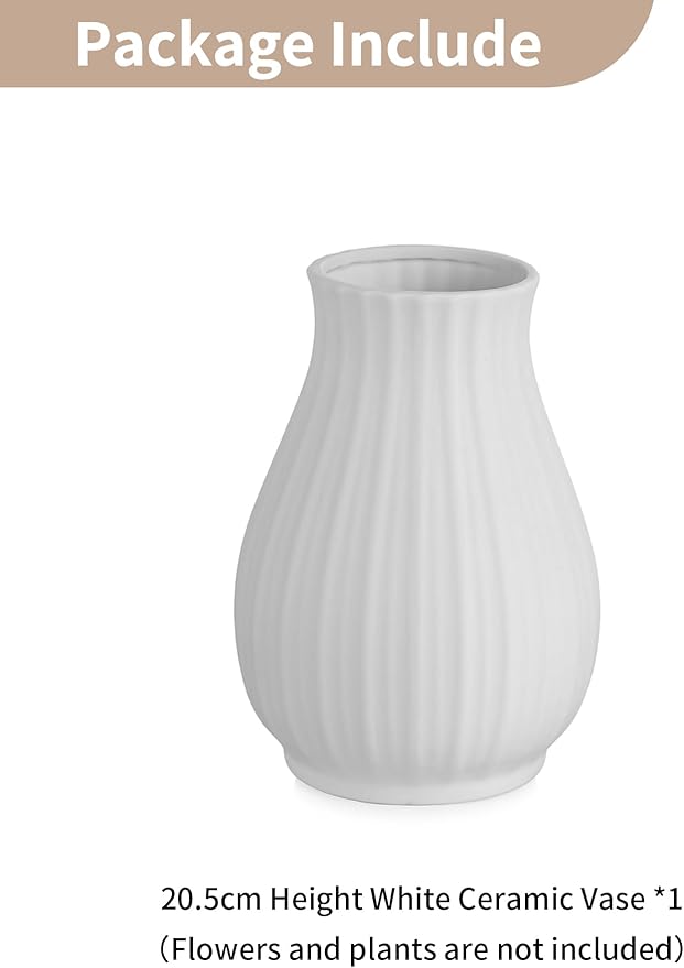 NUPTIO Ceramic Flower Vase for Bouquet: 8.07" Tall White Vases for Home Decor - Modern Decorative Table Centerpiece for Living Dining Room Kitchen Decor