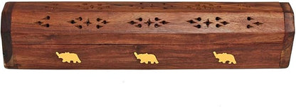 raajsee Beautiful Handmade Wooden Brown Incense Stick Holder Burner Storage Coffin Box - Ash Catcher with Brass Inlay -Home Utilities & Accessories -Meditation -Great Gift for Any Occasion 12x2 inch
