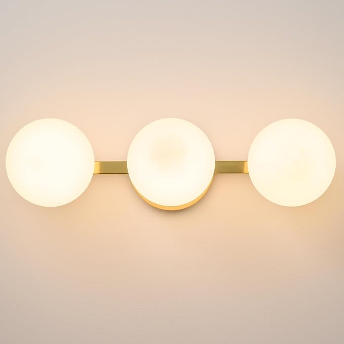 Bathroom Vanity Mirror Light Fixtures: 3 Lights Bath Wall Sconce Lighting - Brass Gold Vanity Lights with Milk Glass Shade - Modern Minimalist Makeup Light Fixture Above Mirror for Hallway E26 Base
