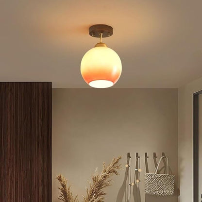 Modern Semi Flush Mount Ceiling Light Minimalist Walnut Wood Base Fixture Gradient Glass Globe Shade Ceiling Lamp for Hallway Entryway Balcony Lighting