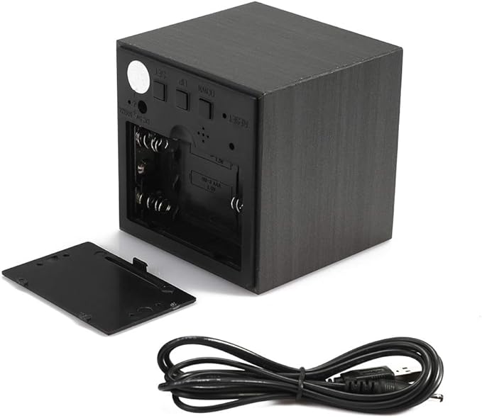 Lancoon Wooden Alarm Clock - Mini Cube LED Digital Clock with Time/Date/Temperature Display, 3 Levels Brightness and Voice Control Great for Home Office Travel - AC10Black_White