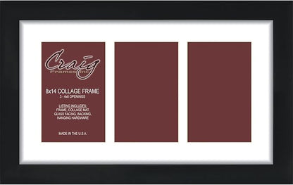 Craig Frames Contemporary, 8x14 Black Picture Frame with White Collage Mat, 3 Openings for 4x6 Prints