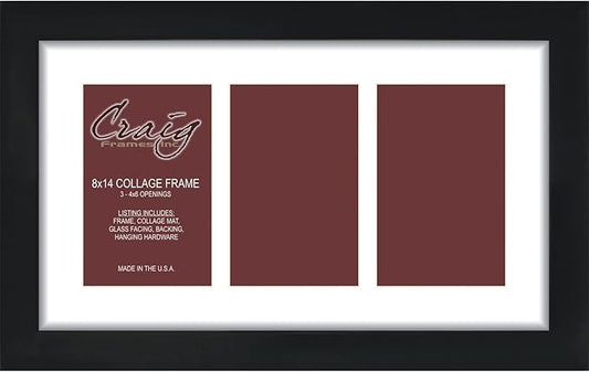 Craig Frames Contemporary, 8x14 Black Picture Frame with White Collage Mat, 3 Openings for 4x6 Prints