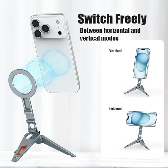 Magnetic Phone Tripod Stand Portable Cell Phone Holder Strong Magnet Mini Pocket Smartphone Mount Foldable Selfie Stick Tripod with 1/4" Screw Hole & Hook for iPhone 17 16 15 14 13