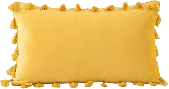 vctops Velvet Soft Solid Decorative Throw Pillow Cover with Tassels Boho Accent Cushion Case for Couch Bedroom Car Yellow 12''x20''