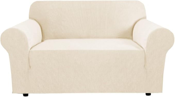 H.VERSAILTEX Stretch Couch Cover Loveseat Covers for 2 Cushion Couch Sofa Slipcover for Love Seat 1 Piece with Elastic Bottom, Checked Jacquard Fabric, Loveseat 58"-70" Wide, Cream