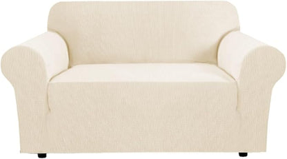 H.VERSAILTEX Stretch Couch Cover Loveseat Covers for 2 Cushion Couch Sofa Slipcover for Love Seat 1 Piece with Elastic Bottom, Checked Jacquard Fabric, Loveseat 58"-70" Wide, Cream