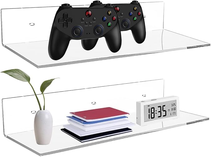Sezanrpt 17 Inches Acrylic Shelves, Wall Mounted Shelves for Bedroom, Wall Display Shelves for Collectibles, Funko Pop, Speaker, Plants, 2 Pack