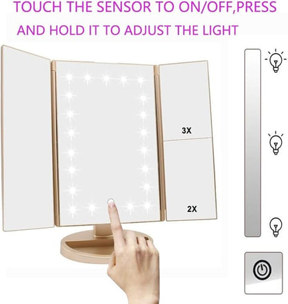 Tri-fold Lighted Vanity Makeup Mirror with 3x/2x/1x Magnification, 21Leds Light and Touch Screen,180 Degree Free Rotation Countertop Cosmetic Mirror,Travel Makeup Mirror (Gold)