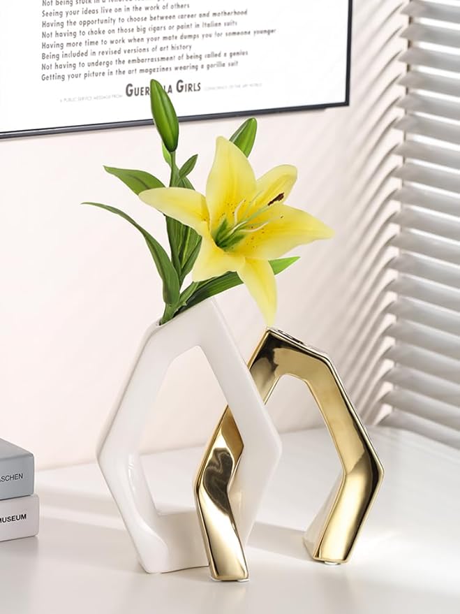 White and Gold Vase Set of 2, Modern Geometric Abstract Ceramic Flower Vase for Centerpieces, TV Stand Decor, Ideal Housewarming or Wedding Gift