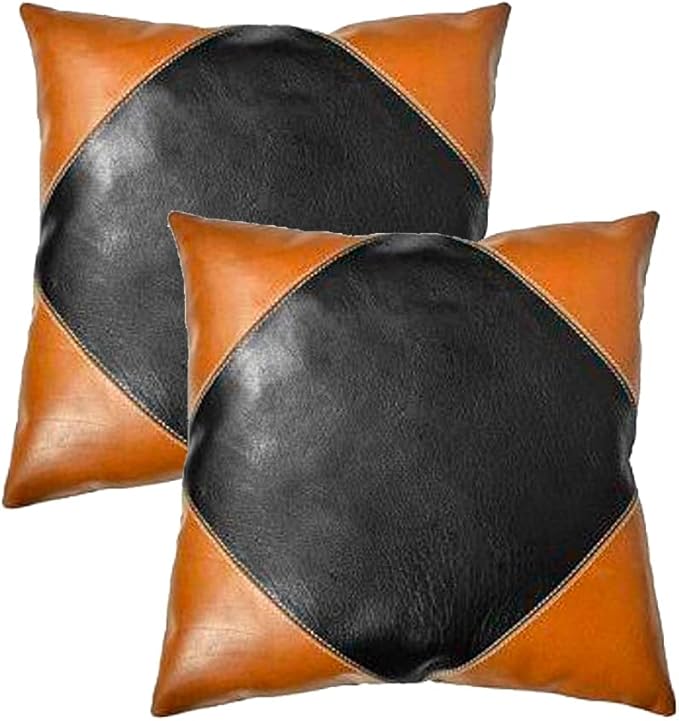 Lambskin Leather Pillow Cover - Sofa Cushion Case - Decorative Throw Covers for Living Room & Bedroom, 20x20 Inches - Camel Black Pack of 2