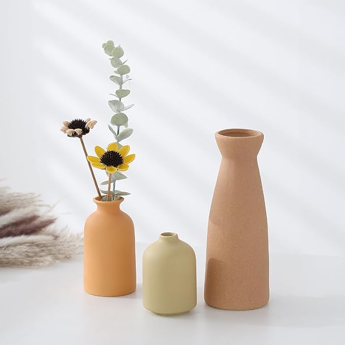 Ceramic vase Set-3 Small Flower vases for Decor, Modern Vases for Home Decor, Vases for Wedding Boho Decor, Minimalist Vase for Table, Living Room, Shelf, Bookshelf and Entryway Décor