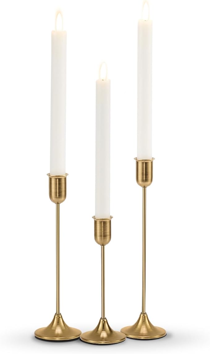 Candlestick Holders, Gold Metal Taper Candle Holders Set of 3, Handmade Heavy Base Brass Vintage Modern Decorative Table Centerpiece for Candlelight Dinner, Fireplace Mantel Wedding Housewarming Décor
