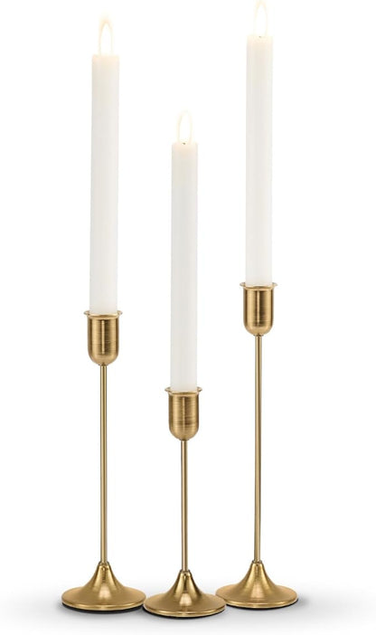 Candlestick Holders, Gold Metal Taper Candle Holders Set of 3, Handmade Heavy Base Brass Vintage Modern Decorative Table Centerpiece for Candlelight Dinner, Fireplace Mantel Wedding Housewarming Décor