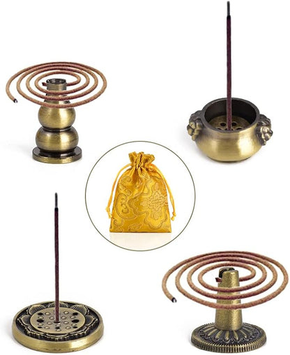 Sakura Flower Incense Holder, 5PCS Bronze Incense Burner Holder with Silk Pouch, Bowl-Shape, Lotus Multihole, Cone Shape and Gourd-Shape Ash Catcher Yoga Room Living Room Bedroom Home Fragrance